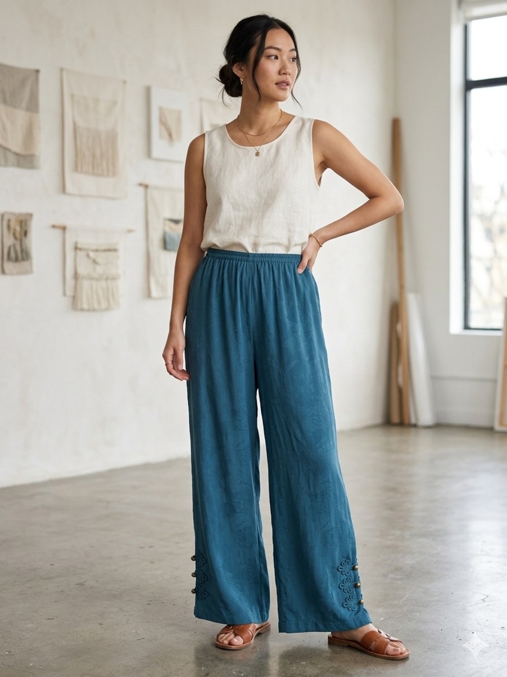 Citron Santa Monica Silk Flower Textured Asian Buttons Teal Wide Leg Pants Sz 2X